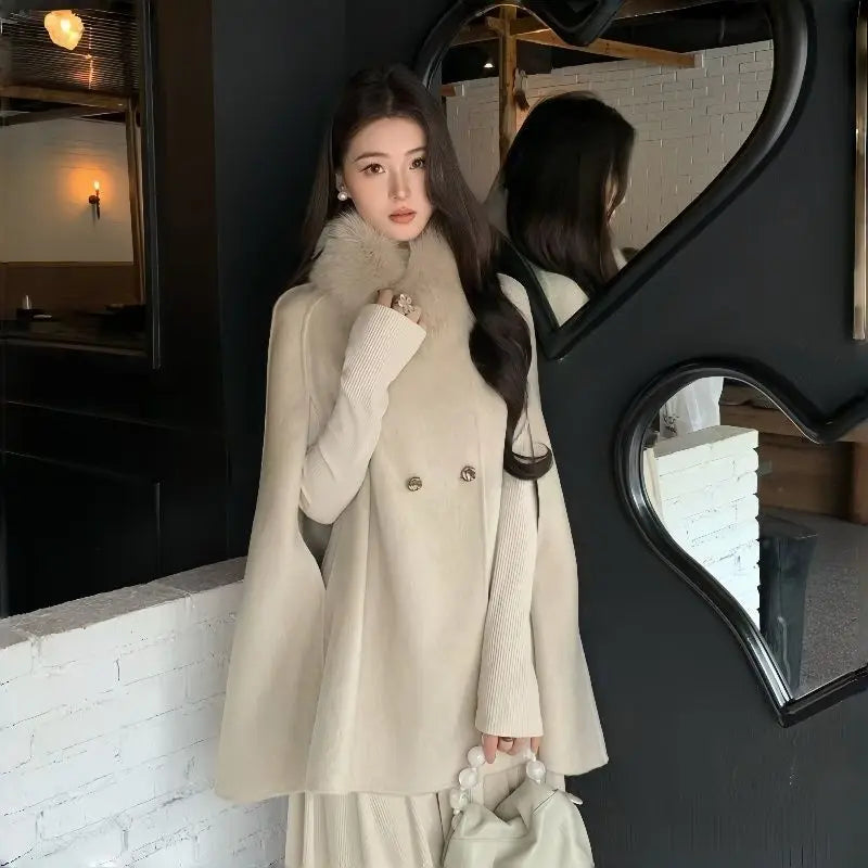 Women's Temperament Cape Woolen Coat Women's Autumn Winter New High-End Versatile Short Fur Collar Woolen Coat Double-Breasted