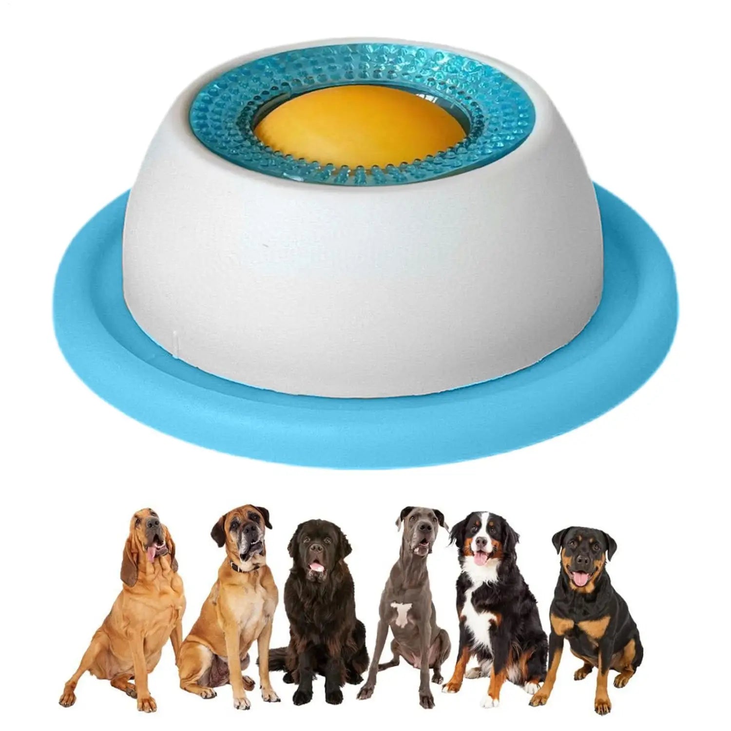 white and blue interactive dog licking toy slow feeder puzzle for puppies with a textured turquoise rim yellow center and silicone base