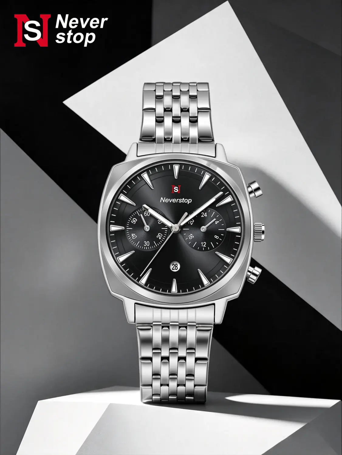 Men’s stainless steel chronograph watch featuring a silver square case, black dial with three subdials, and a linked bracelet.
