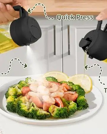 vaporisateur d’huile de cuisine en plastique noir avec mécanisme de pression rapide, conçu comme une bouteille doseuse de distribution d’huile par pulvérisation 2-en-1 de 500 ml.