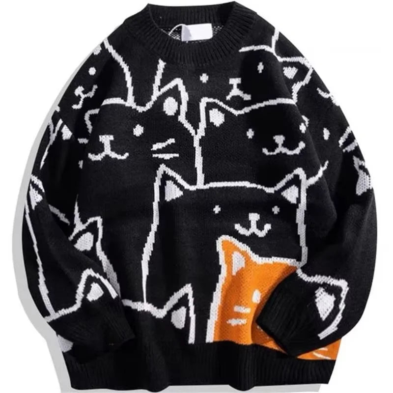 Cartoon Cat Knitted Sweater Men Japanese Retro Harajuku Knitwears Pullover Autumn Winter Jumper Knit Oversized Vintage Sweater