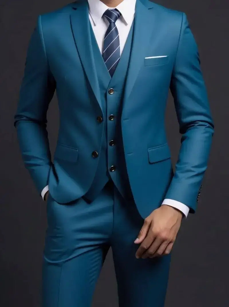 Traje de tres piezas de hombre, de un solo pecho para vestir formal, color verde turquesa, con un corte a medida, que presenta una chaqueta, un chaleco y pantalones a juego en tejido liso, con tipo de cierre de un solo botón.