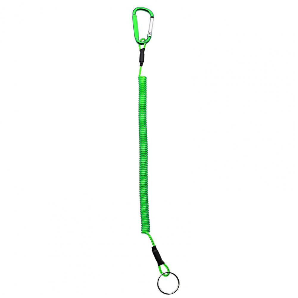 Bright green retractable coiled spring anti-lost lanyard keychain with a carabiner clip and key ring.