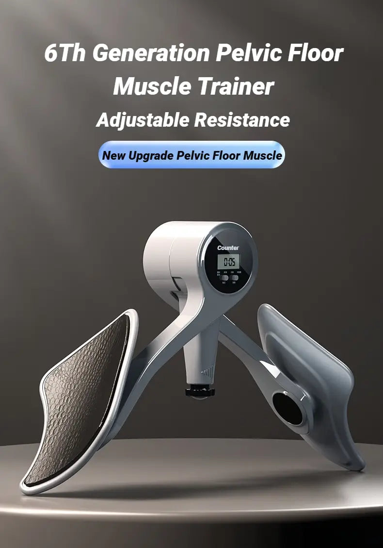 Entraîneur de muscles du plancher pelvien de sixième génération blanc et gris, avec résistance réglable et affichage numérique compteur pour des exercices de Kegel intelligents.