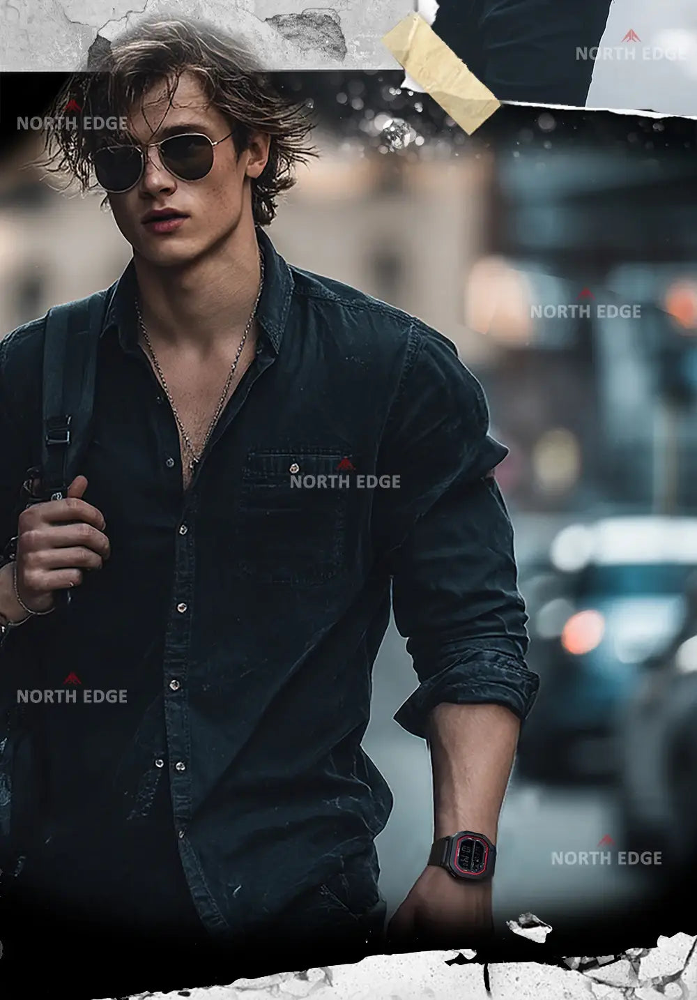 black denim shirt with buttoned front and rolled-up sleeves paired with a north edge digital watch featuring abs plastic material type and battery included, 50m waterproof design