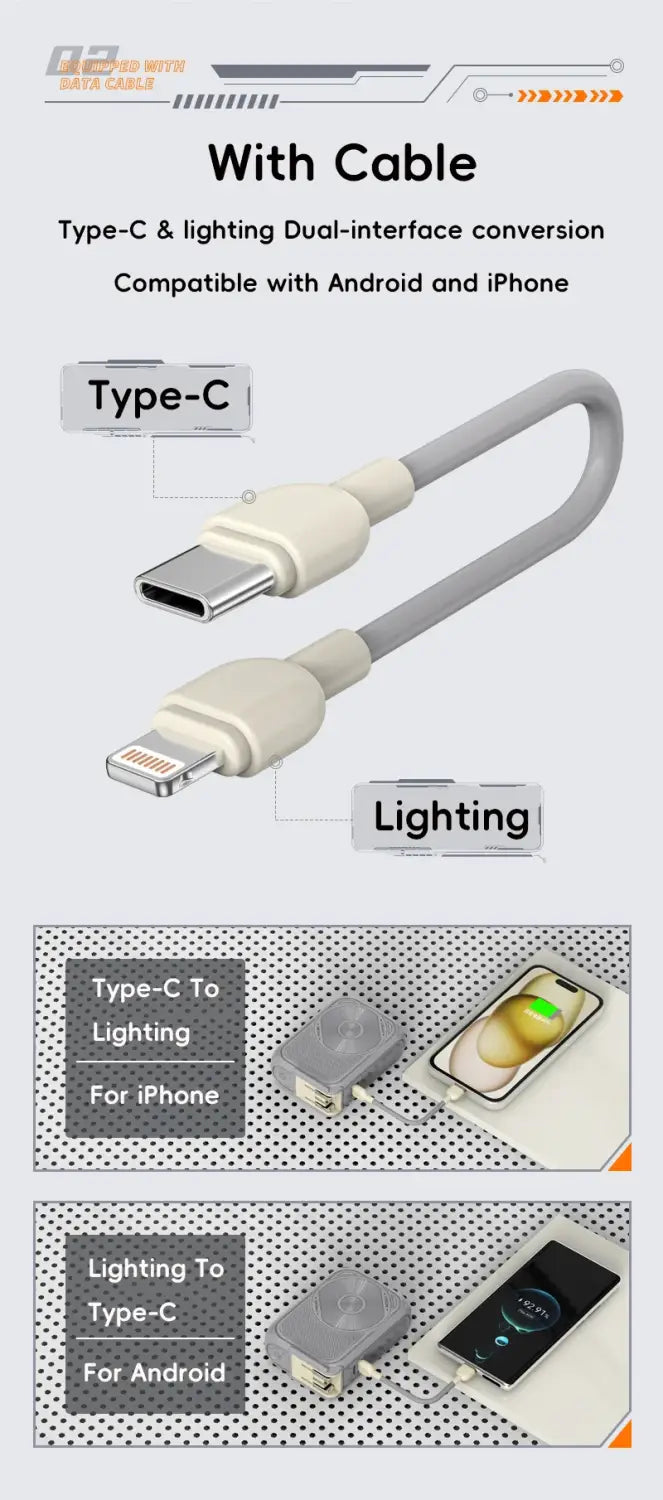 gray flexible cable with type-c and lightning connectors designed for dual-interface conversion between android and iphone devices for magnetic power bank 20000mah fast wireless charger battery feature