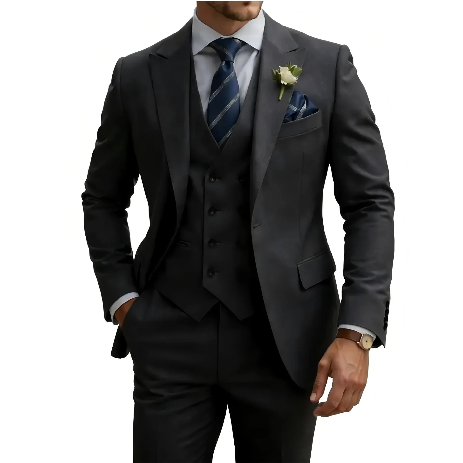 Traje de tres piezas gris oscuro ajustado para hombre, con chaleco y pantalones a juego, que presenta un sutil brillo en el tejido y tipo de cierre frontal sencillo.