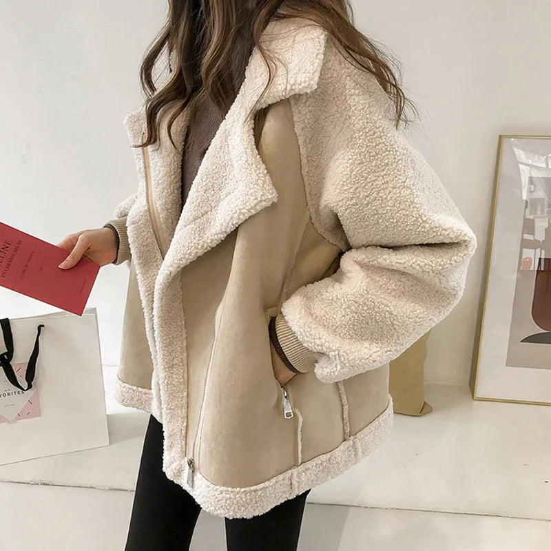 Winter Warm Fleece Jacket Women Fashion Suede Lamb Wool Patchwork Thicken Outerwear Female Loose Zipper Lapel Motorcycle Coats