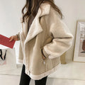 Winter Warm Fleece Jacket Women Fashion Suede Lamb Wool Patchwork Thicken Outerwear Female Loose Zipper Lapel Motorcycle Coats
