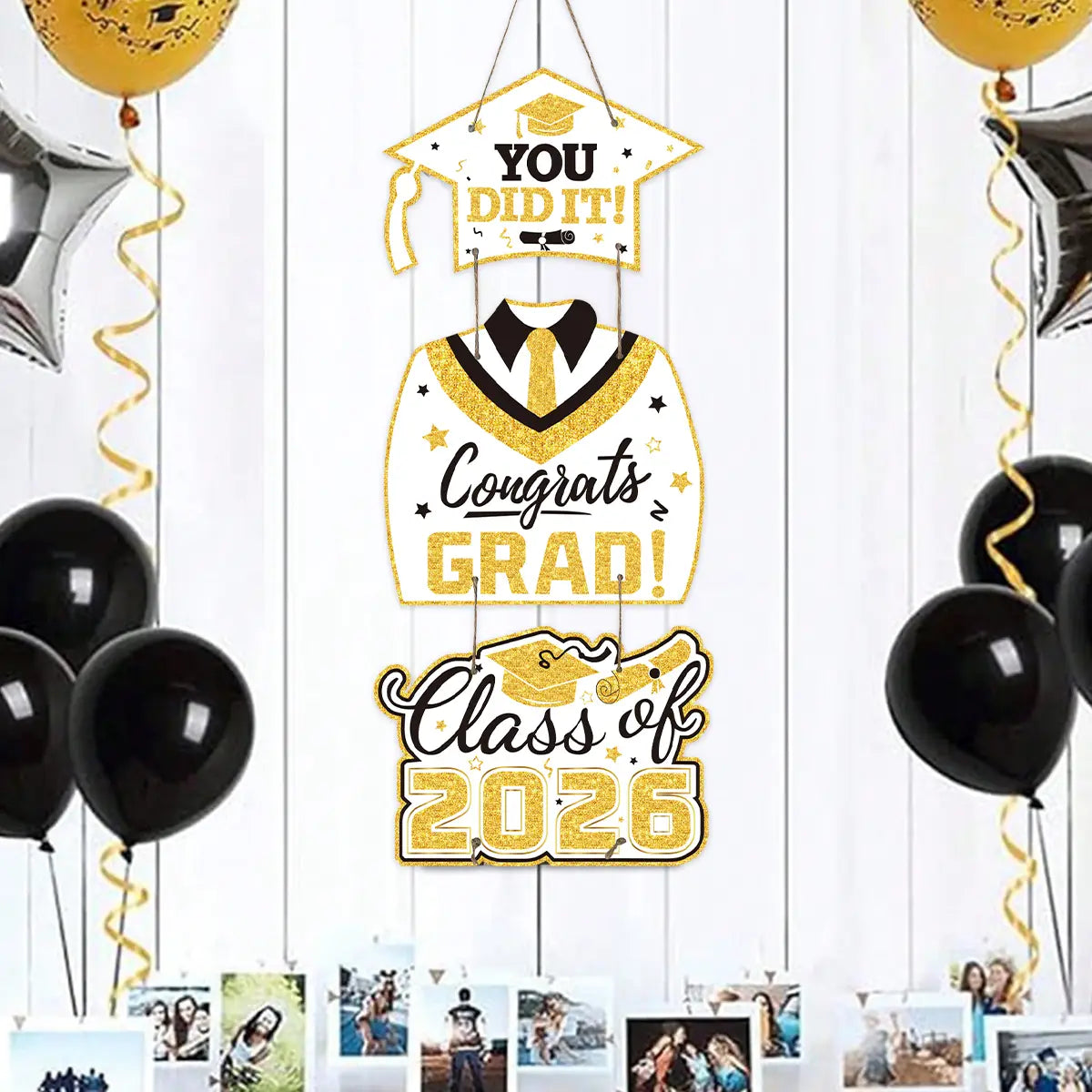 Class of 2026 graduation door hanging decor featuring gold glitter cap and gown design for celebration purposes.