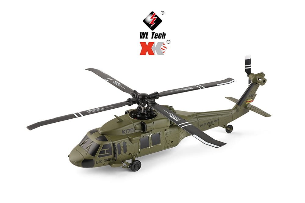olive green and black wltoys k170 uh-60l remote control helicopter model with detailed rotor blades equipped with 800mah 20c battery for extended flight time
