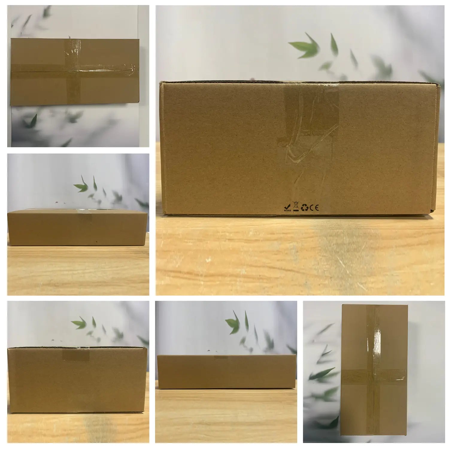 A plain brown cardboard box sealed with clear plastic tape containing a vacuum storage bags set with hand pump for space saving clothes.