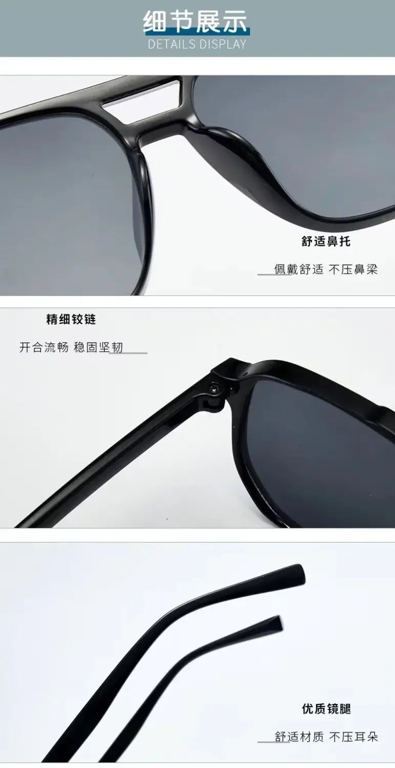 黒の四角形サングラス UV400、ユニセックス。黒のアセテートフレームと、洗練されたモダンなデザインのダークグレー・グラデーションレンズ。