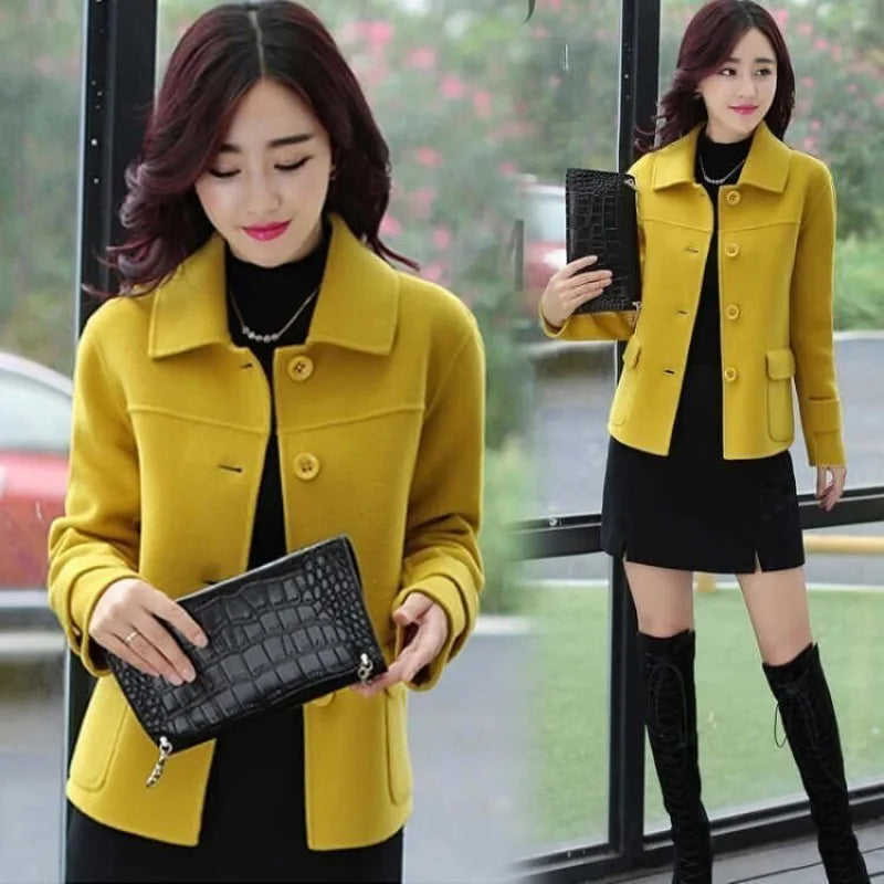 Women's Wool & Blends Coat Half Short Yellow Plain Ladies Jackets Medium Novelty Winter Clothes 2025 on Sale Casual Fashion Hot