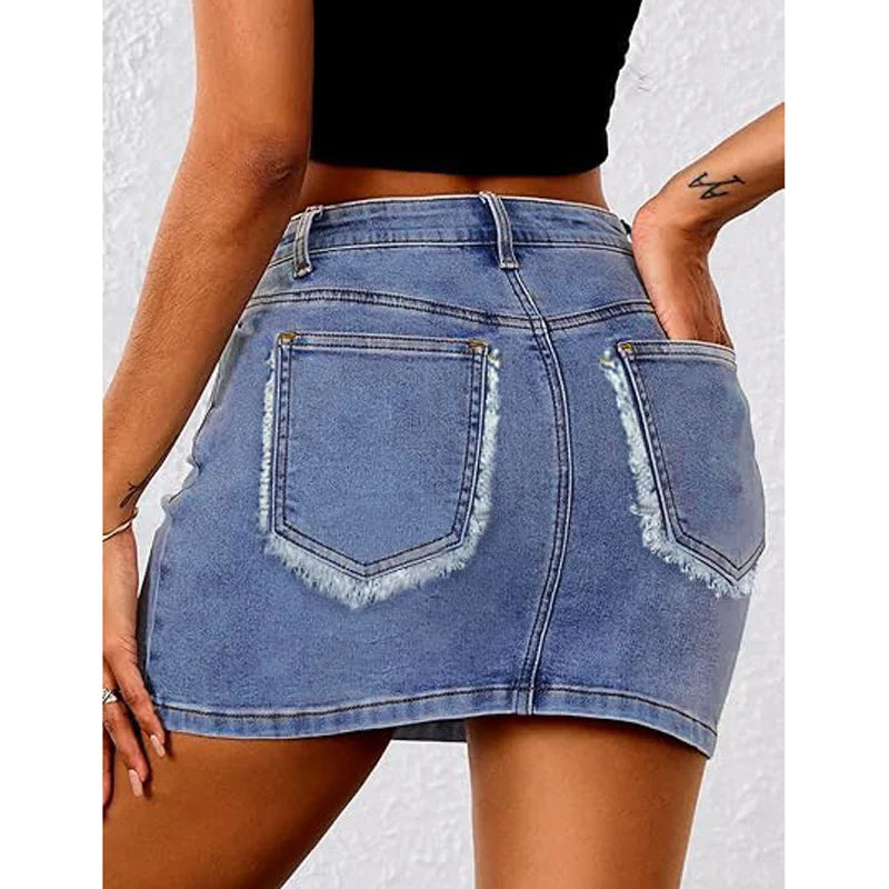 Denim Skirt Summer Women Stretch Denim Skirt A Line Mini Skirt Casual Fashion Elastic Waist Ruffled Hem Skirt