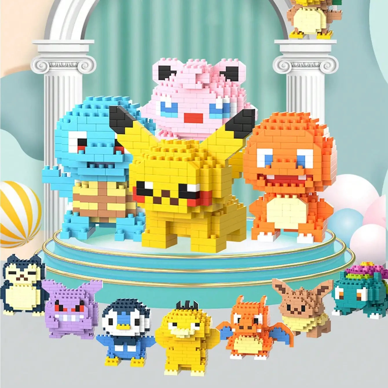 ポケモンのビルディングブロックおもちゃセットに対応したレゴ互換の、かみ合うプラスチック製ブロックで組み立てられたカラフルなピクセル調のポケモンフィギュアの集合。