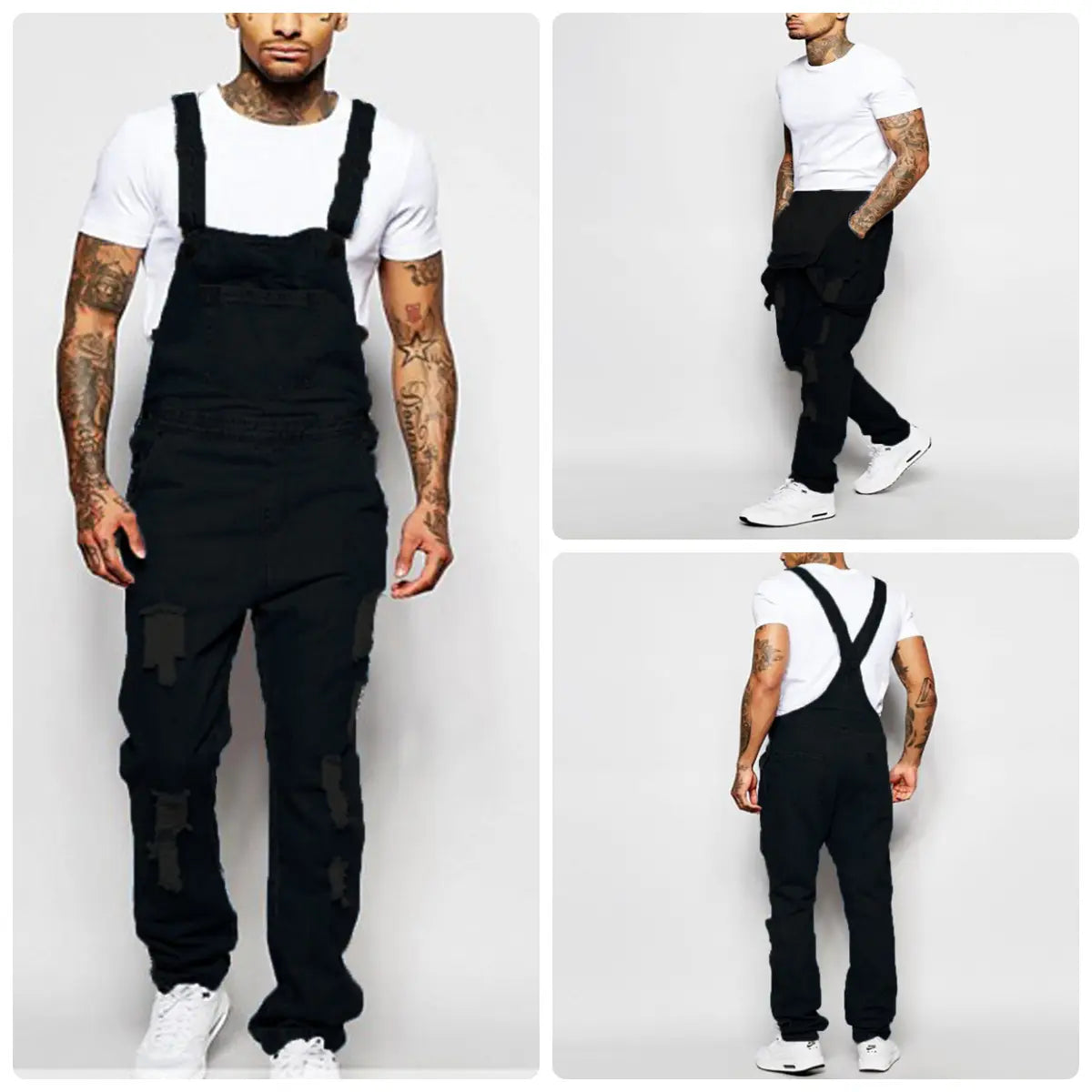 Männer zerrissen schwarze Jeans-Latzhosen mit ausgefransten Applikationen und Cargotaschen aus Denim für den Freizeitgebrauch