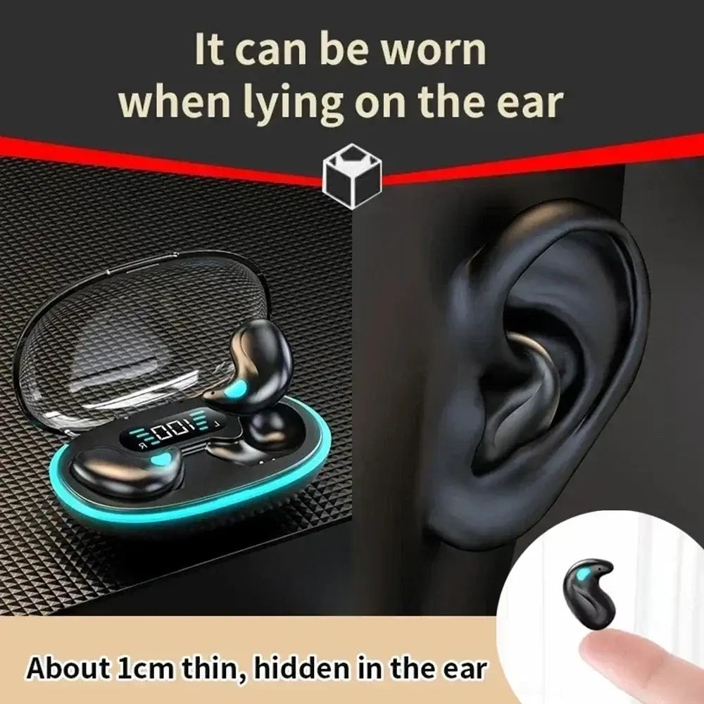 black wireless sleeping earbuds with Bluetooth 5.3 feature a sleek ergonomic design and a charging case with glowing blue led accents.