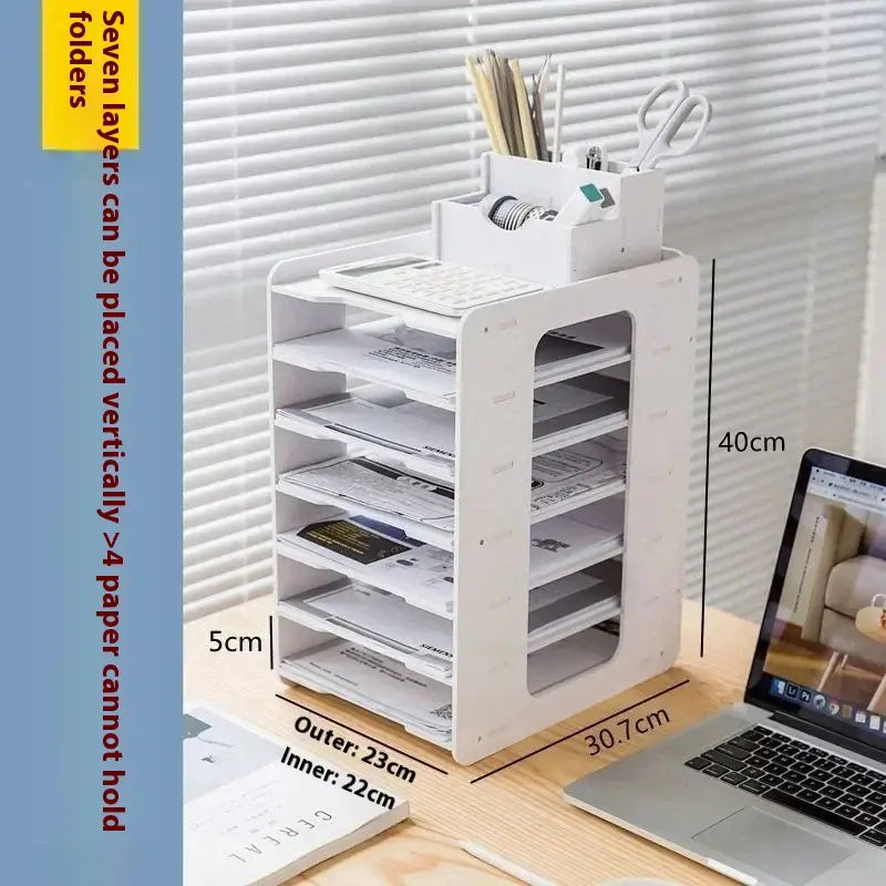 white plastic desktop file organizer and storage rack featuring seven vertical compartments and a top tray for holding office supplies