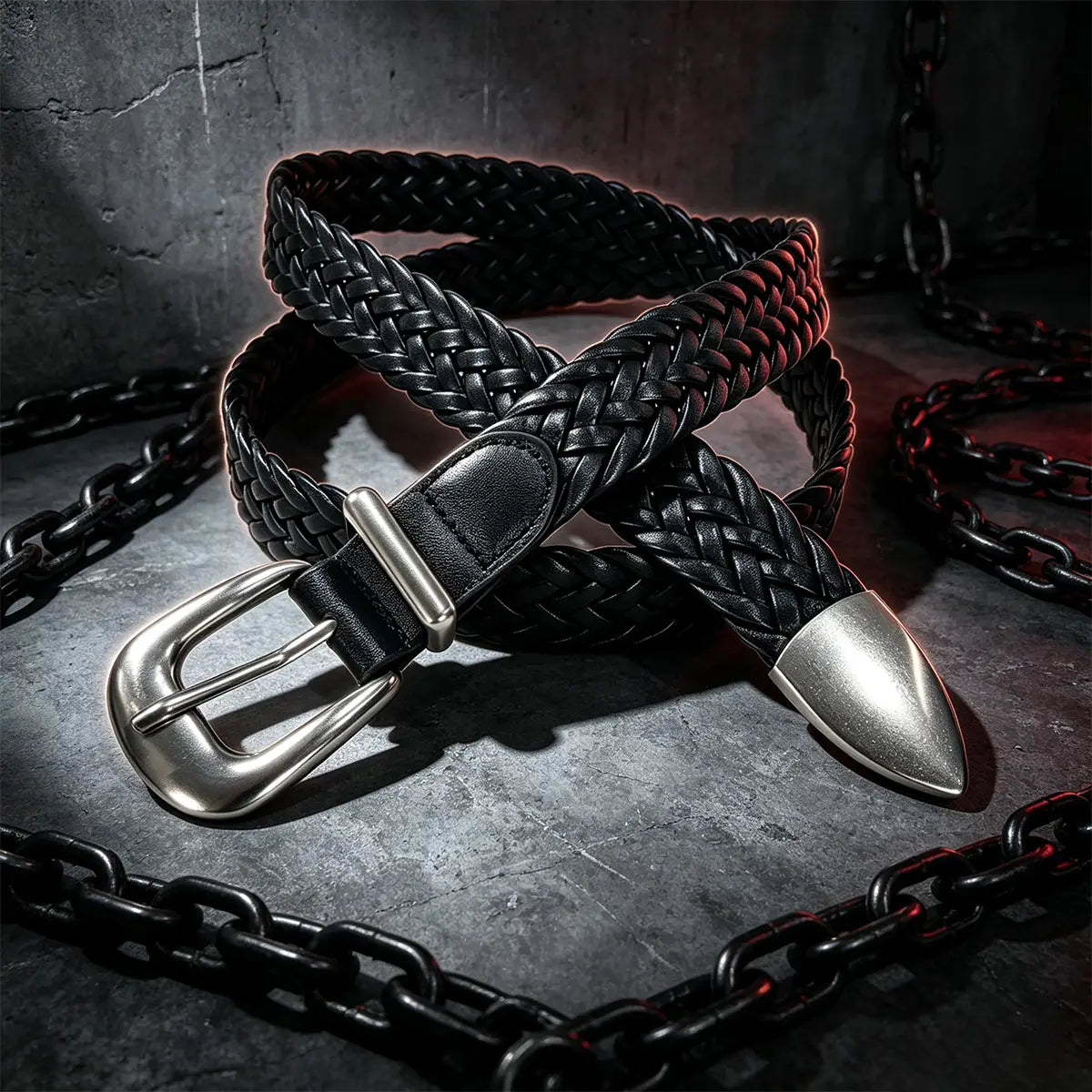 Black braided leather fashion belt male with a silver-toned buckle and pointed tip designed for luxury designer punk and belt male cross style.