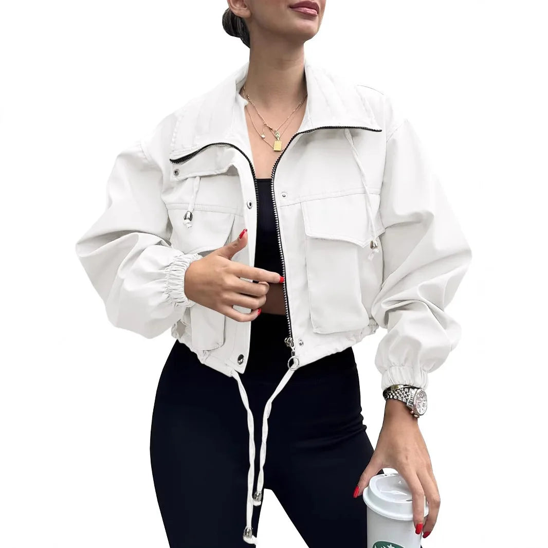 Women's Solid Color Short Jacket Zipper Trench Coat New 2025 Fashion Elegant Outerwear for Ladies