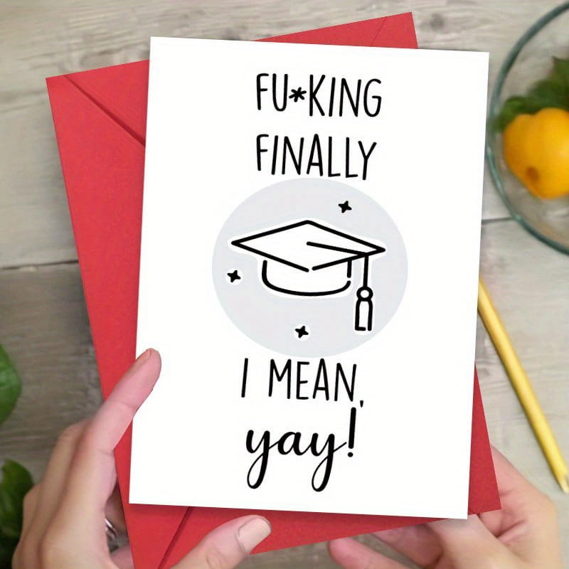 White graduation-themed greeting card for him and her with black text and a gray circular outline featuring a line drawing of a mortarboard held against a red envelope.