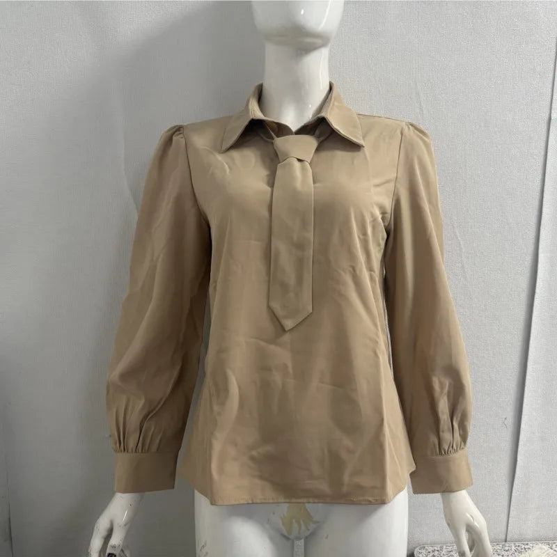 Women's Shirt Formal Bow Tie Long-sleeved Office Lady Shirt Women Fashionable Solid Color Autumn Shirt Blouses White Tops
