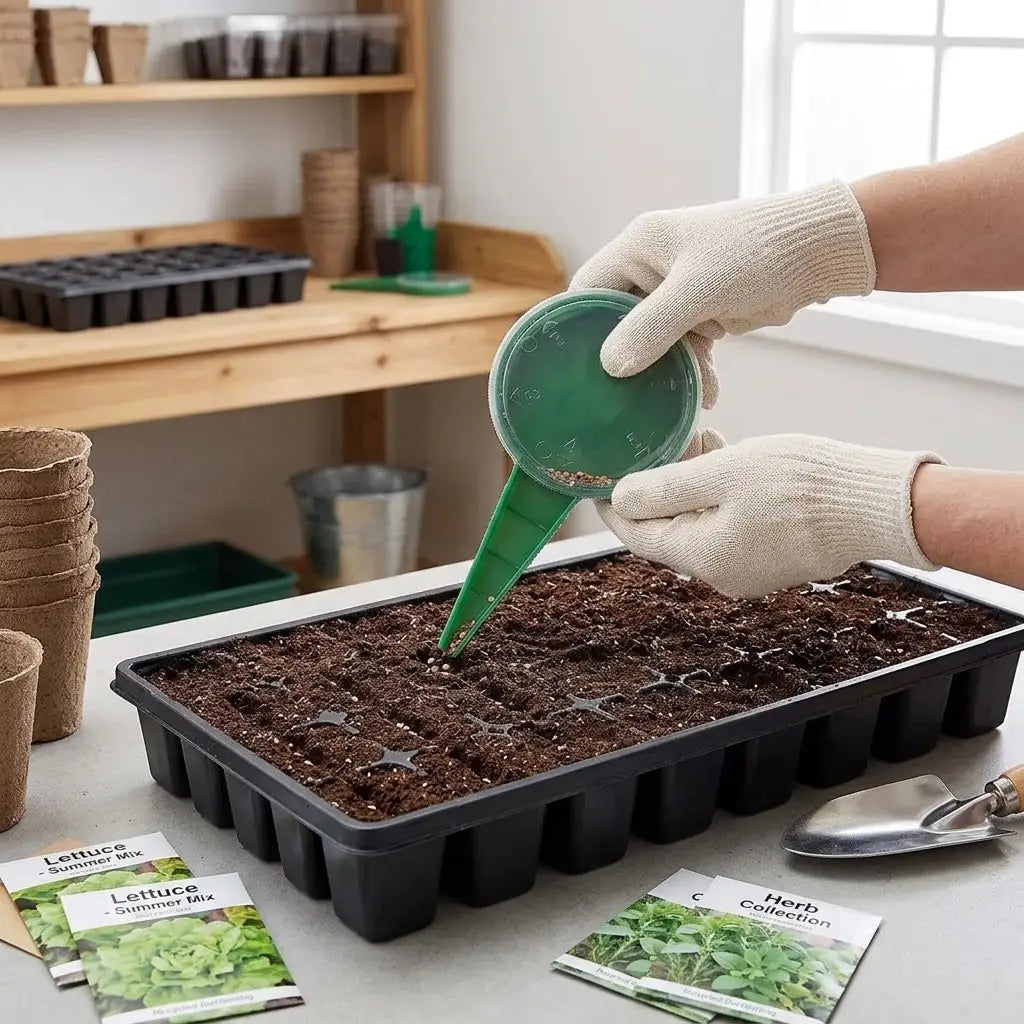 Grüner Kunststoff-Saatgutschieber für Handanwendung zum Ausbringen von Pflanzen-Saatgut mit Ausguss und Deckel für eine präzise Saatgutdosierung.