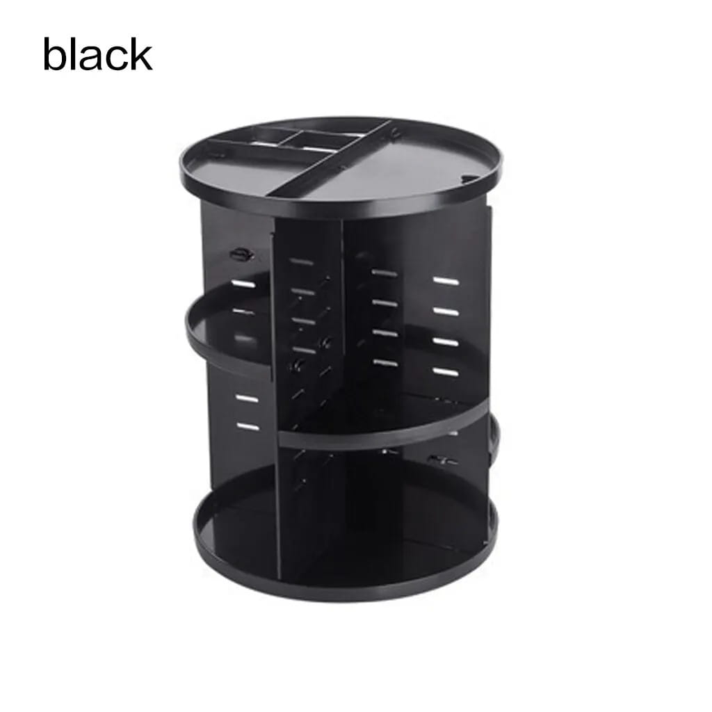 Organisateur de maquillage tournant cylindrique en plastique noir, fabriqué en plastique, avec plusieurs niveaux et des côtés perforés pour un stockage cosmétique à 360 degrés.
