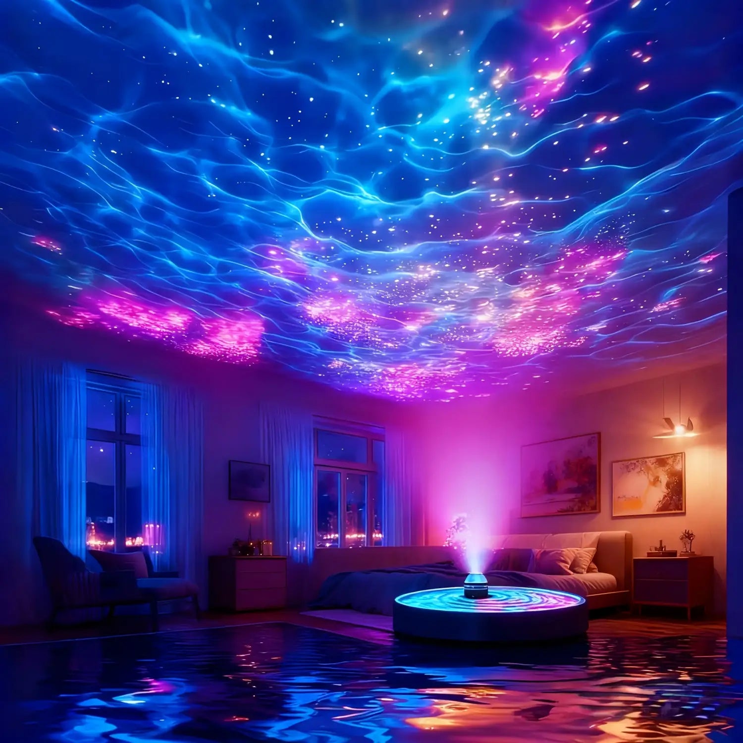 une lampe de projection nocturne avec une projection circulaire lumineuse, une ouverture centrale émettant de la lumière et entourée d’anneaux concentriques d’illumination, dotée d’une fonction de télécommande et d’un design représentant un ciel nocturne étoilé de la galaxie.