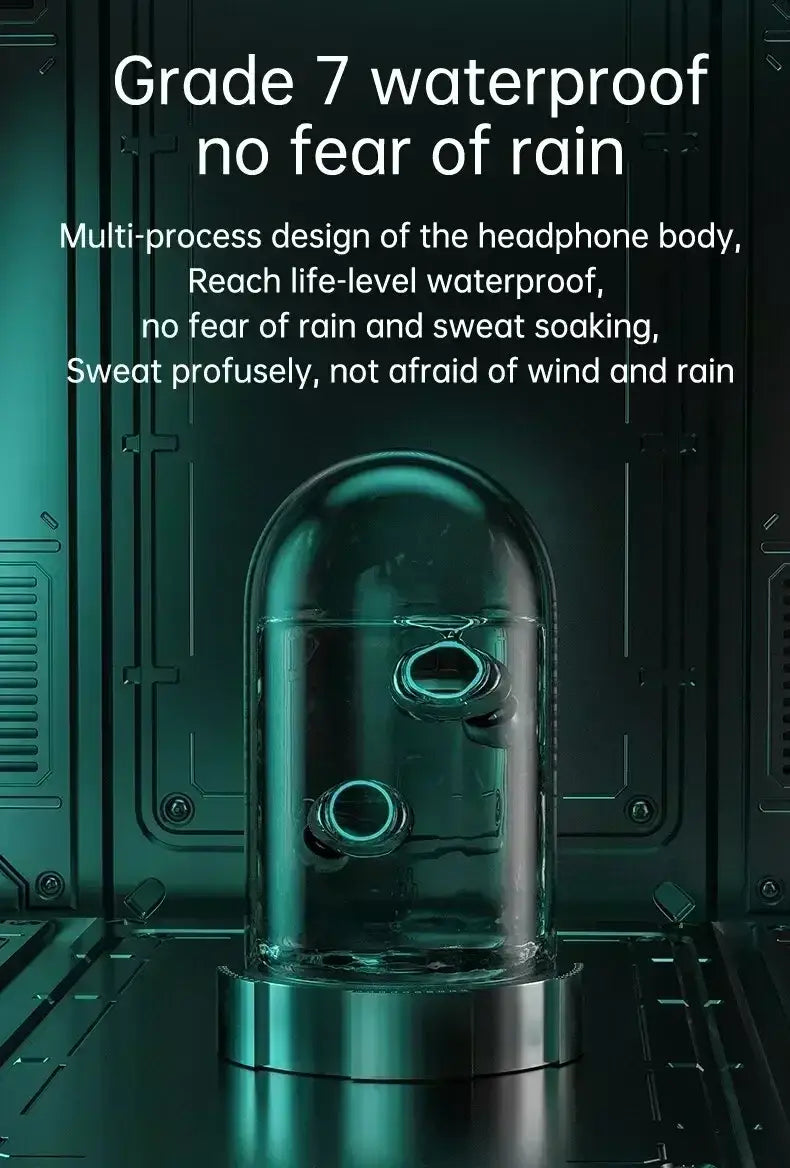 Auriculares inalámbricos Bluetooth 5.3 con estuche de carga cilíndrico transparente, base metálica elegante, acentos teal luminosos y tapa tipo compuerta de larga duración.