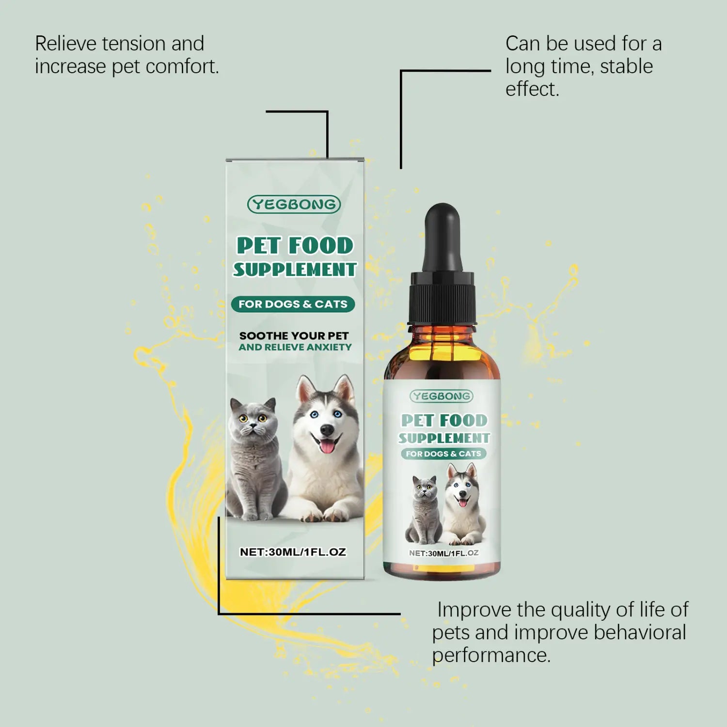 Yegbong pet anxiety relief drops in a 30ml amber glass bottle with black dropper cap designed for dogs and cats to soothe anxiety.
