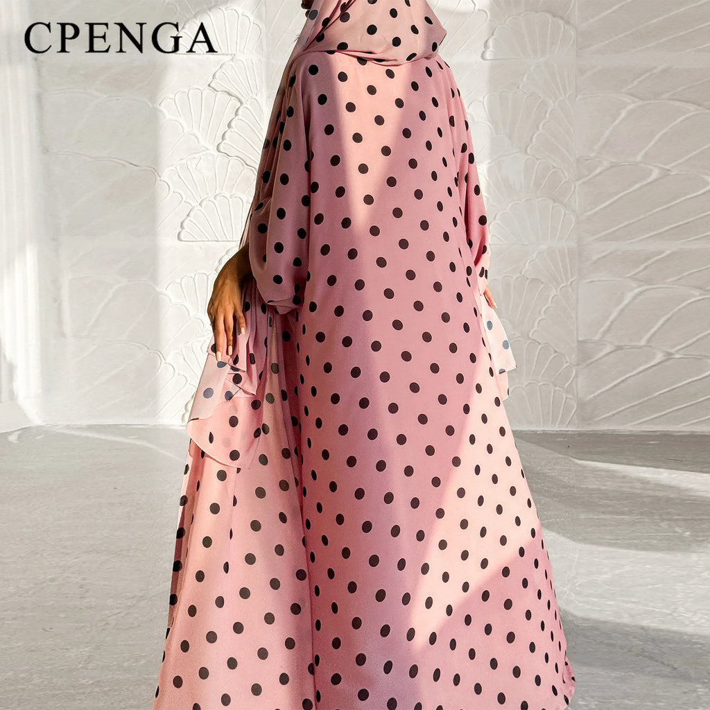 Two Piece  Polka Dot Muslim Outfit Set for Women Elegant Dubai Hijab Abaya Dress Islam Holiday Outwear Turkey Modest Kaftan Robe