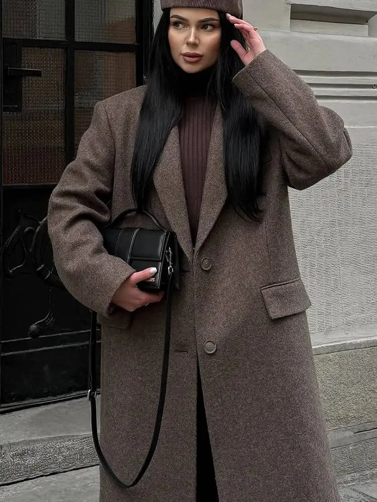Women Elegant Shoulder Pad Wool Blend Overcoat Brown Lapel Single-Breasted Long Sleeve Coat 2025 Autumn Lady Commuter Outerwear