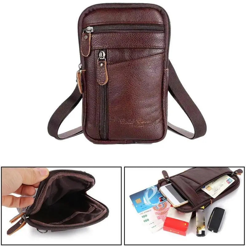 braune Ledergürteltasche für Herren und Umhängetasche für das Mobiltelefon mit mehreren Reißverschluss-Fächern und abnehmbarem Riemen für ein komfortables Gürteltaschen-Erlebnis