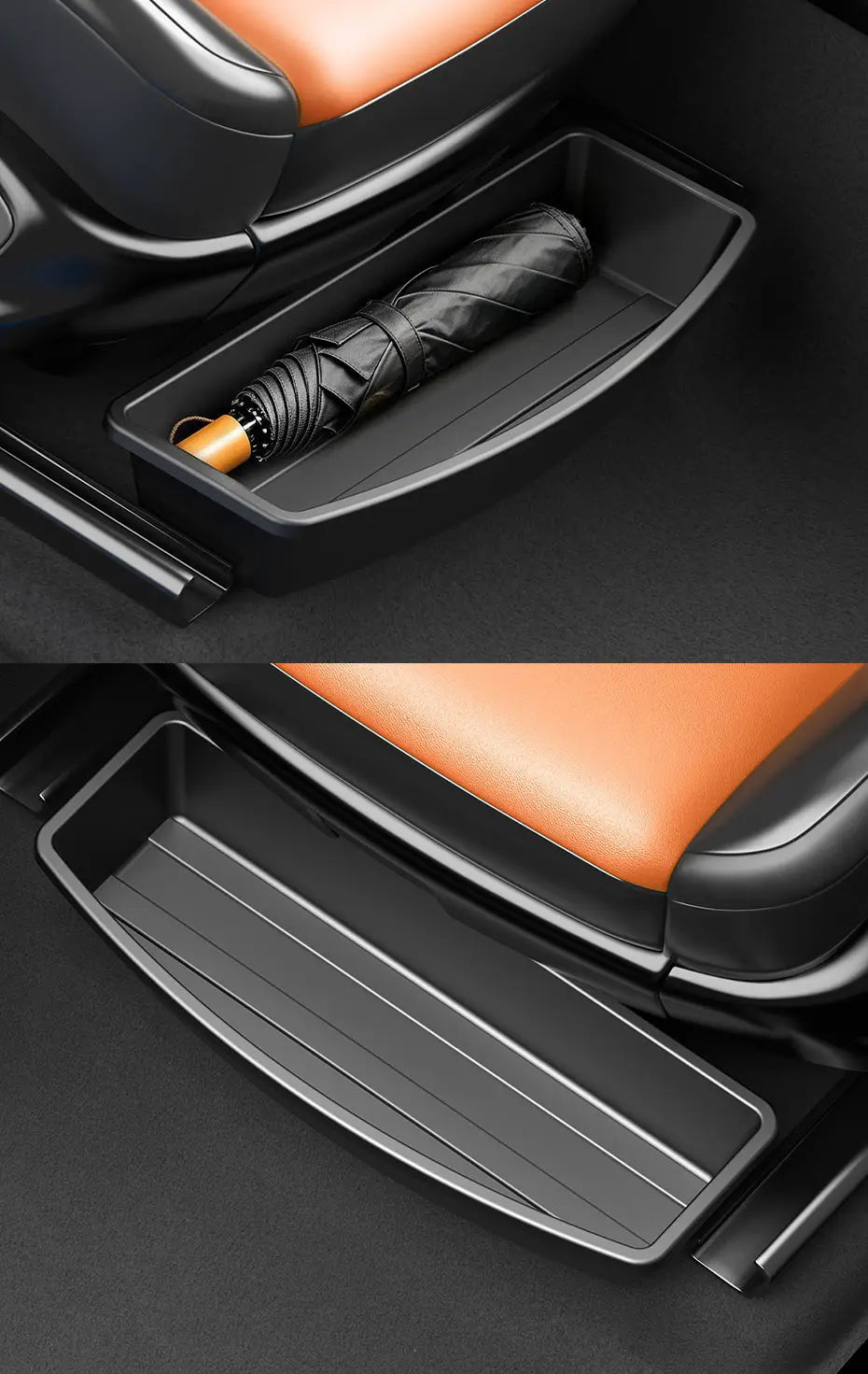 Under seat car storage organizer box in black plastic with a textured grip surface and integrated handle for easy access.