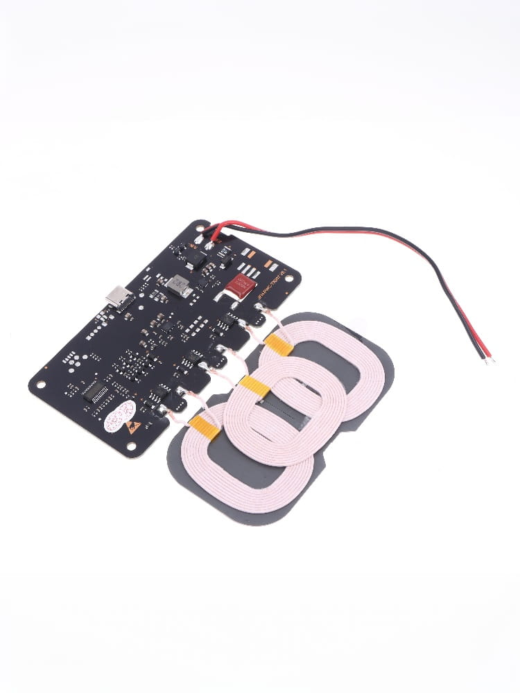 Black wireless charging circuit board featuring three pink coiled coils attached by yellow tabs for a 20w wireless charger module designed for car and home use.