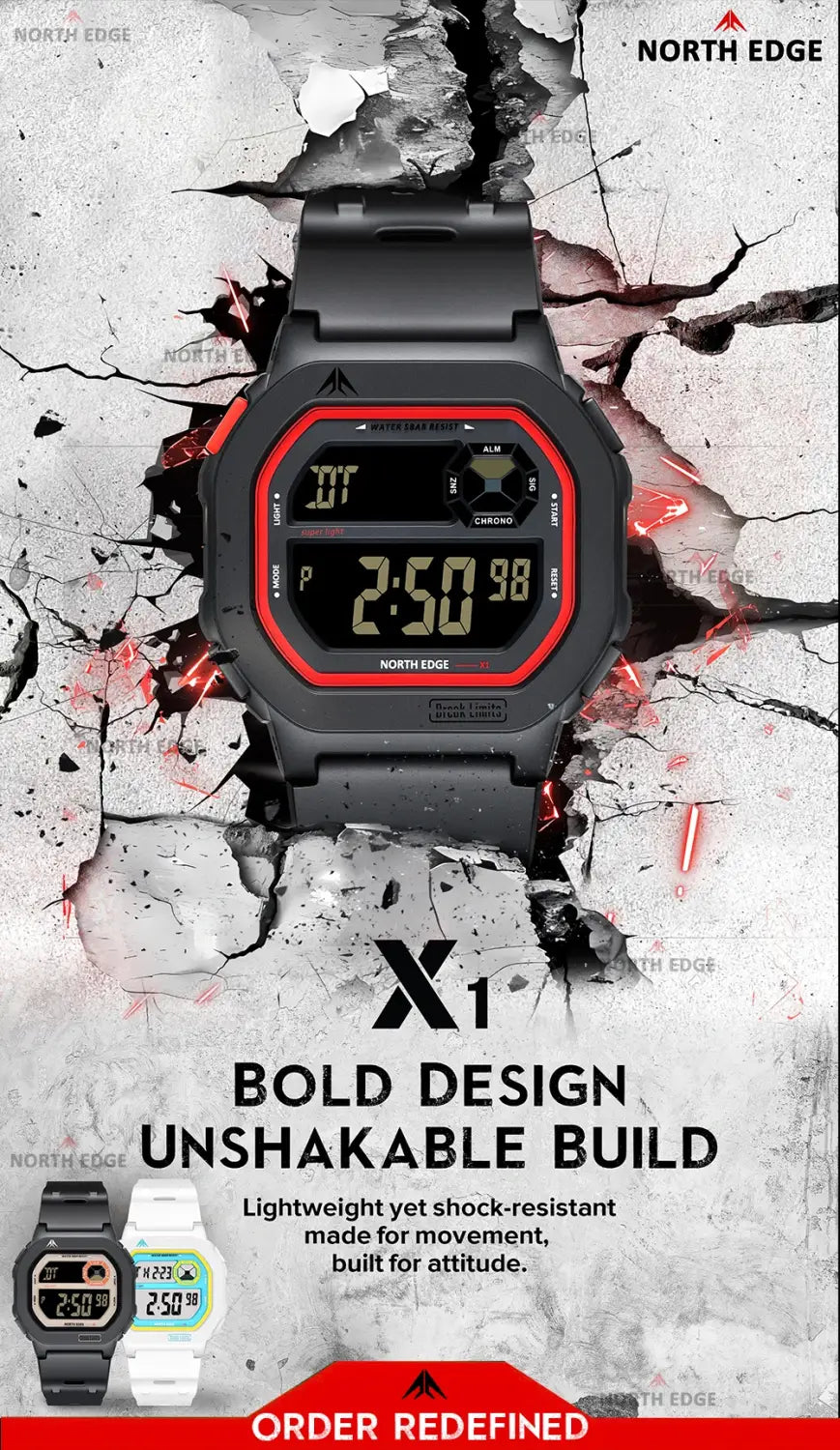 black and red north edge digital watch with abs plastic rugged rectangular case and bold display battery included and 50m waterproof