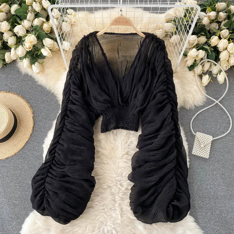 Fashion Blouse for Women V-neck Lantern Sleeve Shirts Blusas Mujer De Moda Korean Chic Elegant Pleated Solid Tops