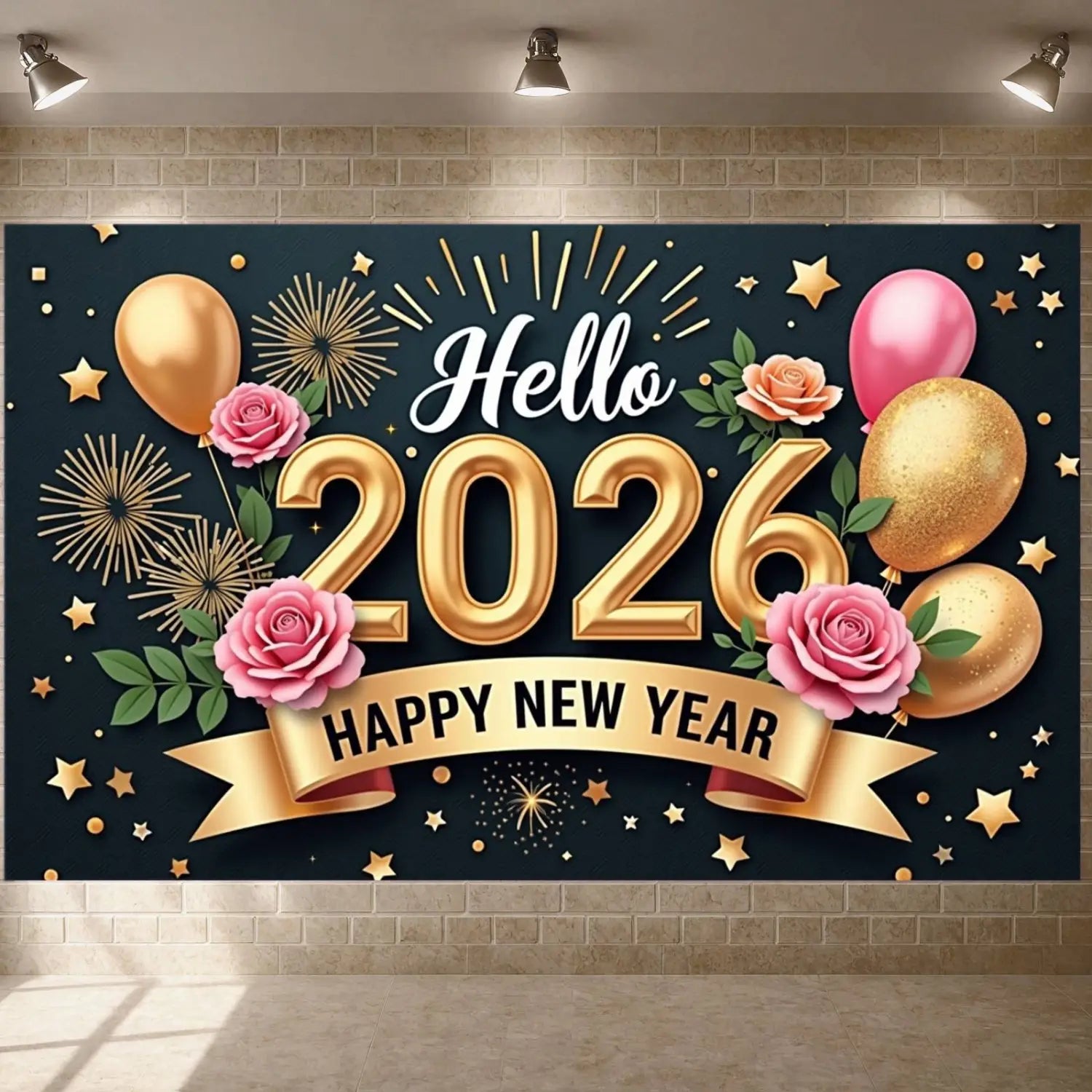 Une bannière de décor pour la fête du Nouvel An 2026, festive, en or et rose, comprenant des ballons étincelants, des roses, des feux d’artifice et des étoiles, sur un fond bleu marine foncé.