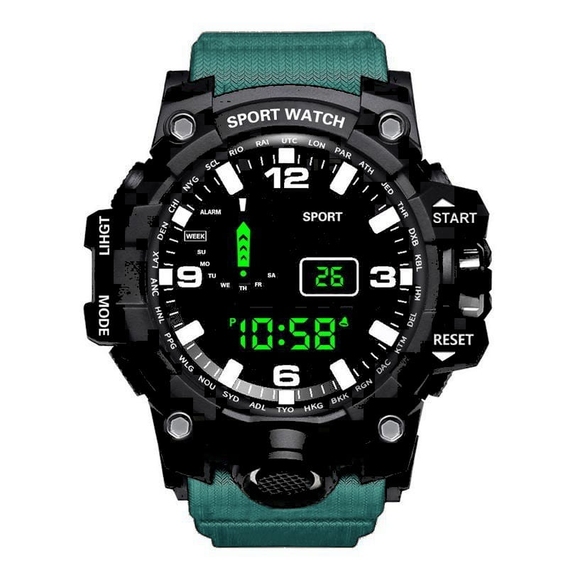 Schwarze wasserdichte digitale Sportuhr für Herren mit grüner digitaler Anzeige und tealfarbenem, texturiertem Band, ausgelegt für Outdoor-Aktivitäten.