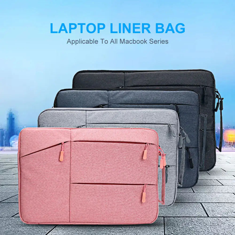 Pink laptop sleeve bag with textured fabric and matching zipper pulls designed as a sleeve bag for MacBook Air and Pro models.