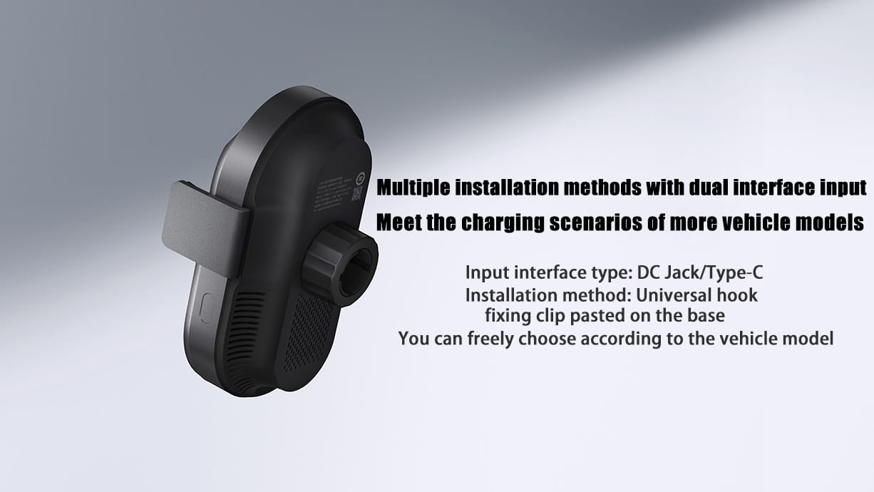 Cargador inalámbrico para automóvil Xiaomi de 50 W en color negro, con diseño curvo elegante y puertos de entrada de doble interfaz para carga mediante conector DC o tipo C, garantizando una disipación de calor eficiente.