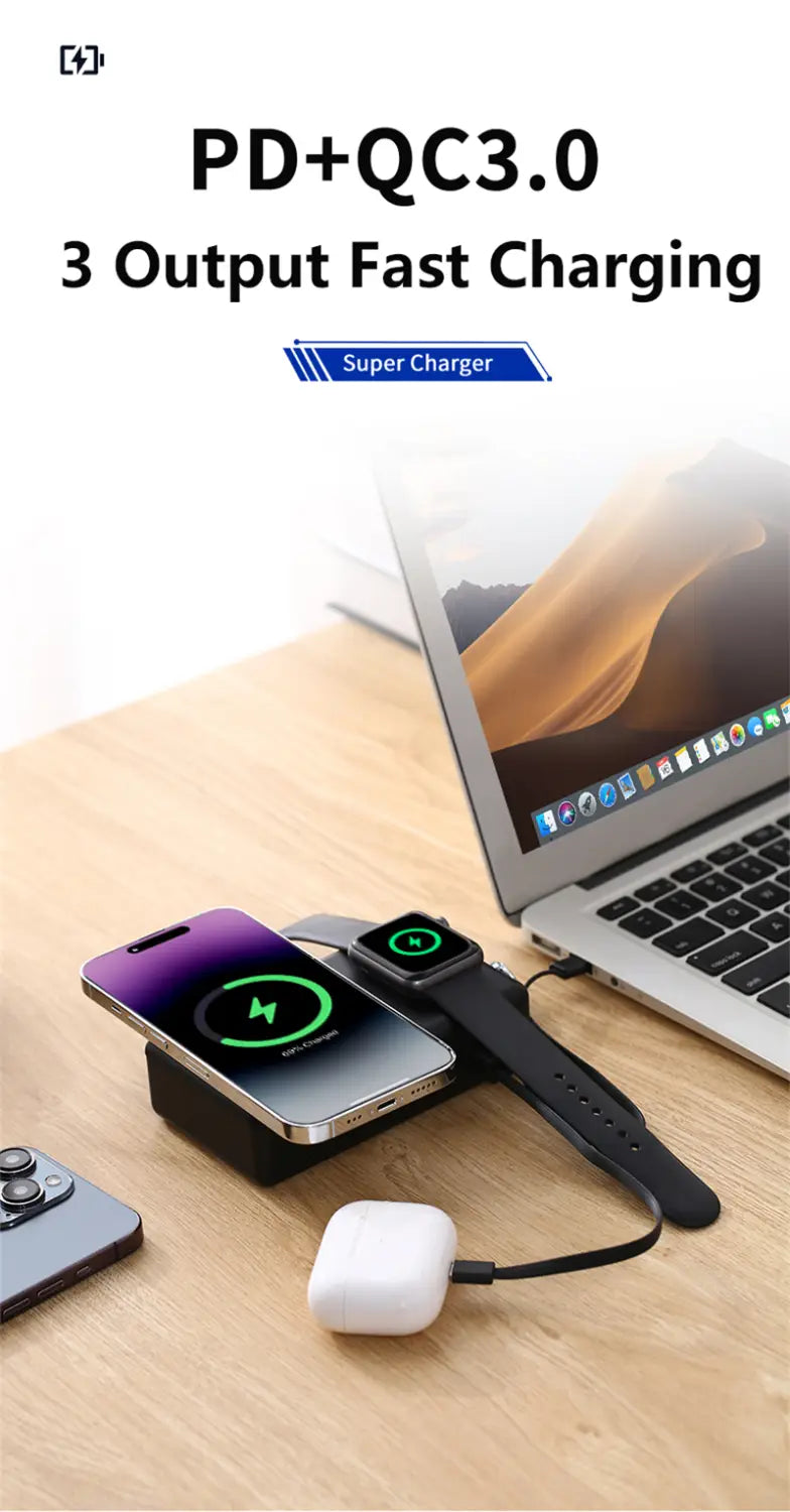 Black magnetic wireless power bank 20000mah with three fast charging output ports compatible with pd and qc3.0 for efficient charging.