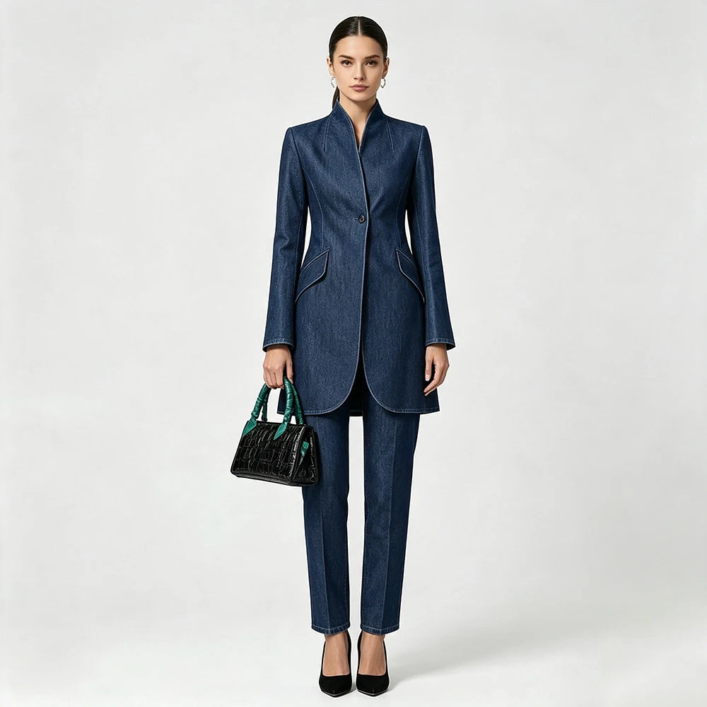 Elegant Denim Women Suits 2 Piece Jacket Pants Full Sets Casual Daily One-Button Slim Fit Female Clothing High Quality Clothing