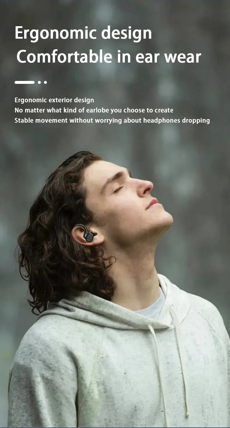 Black in-ear wireless sport ear hook earbud with ergonomic exterior design and waterproof Bluetooth features.