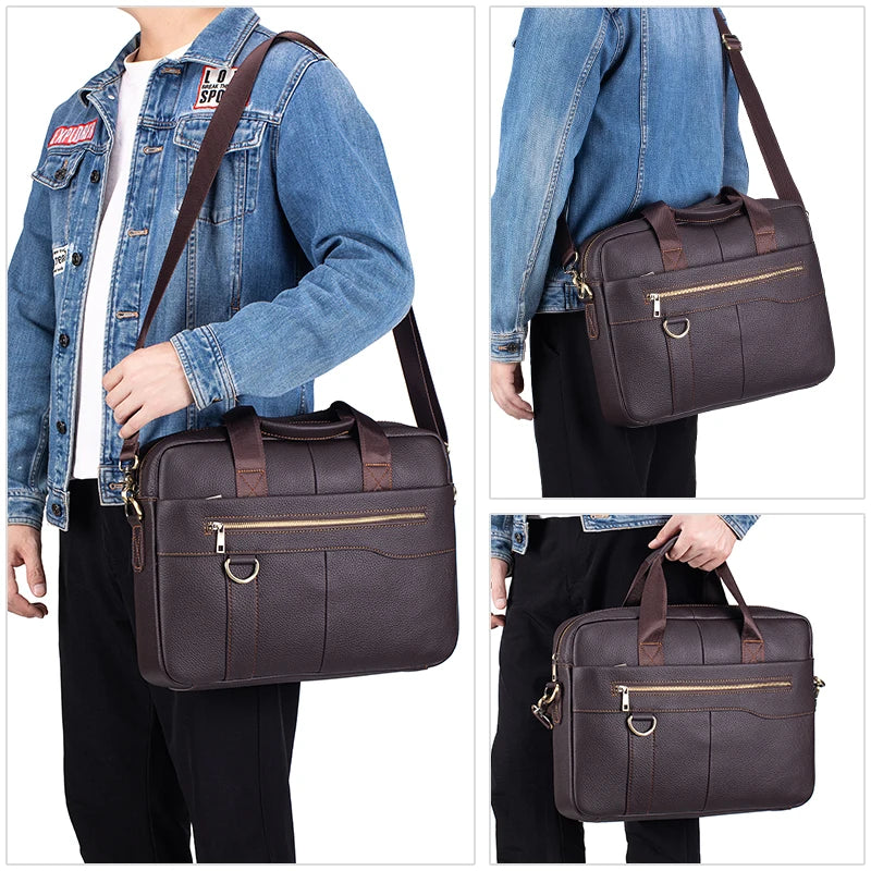 Men's Vintage Genuine Leather Briefcase Large Laptop Bag Cowhide Office Work Business Travel Shoulder Bag