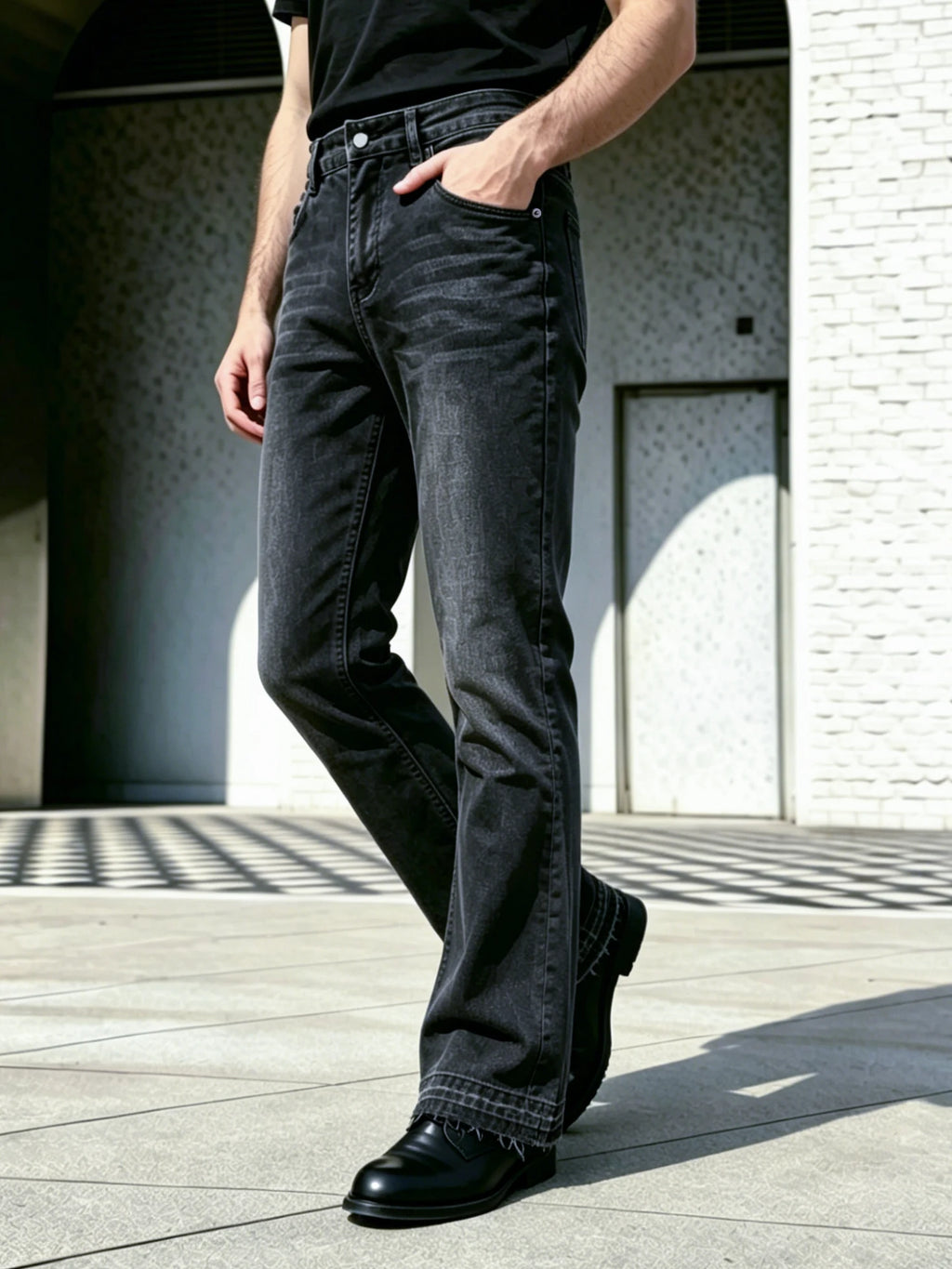 Men Pants Jeans Clothing Denim Trousers Men's Black Washed Frayed Hem Flared Bootcut Denim Jeans