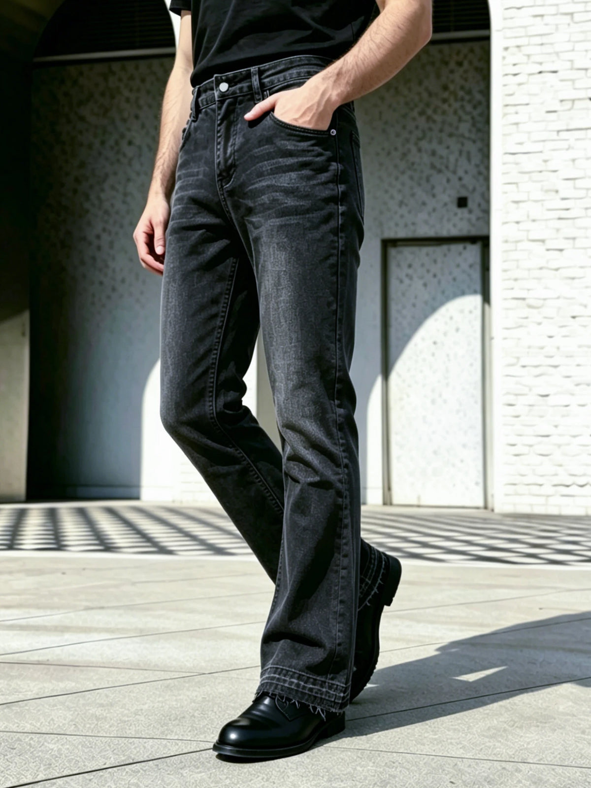 Men Pants Jeans Clothing Denim Trousers Men's Black Washed Frayed Hem Flared Bootcut Denim Jeans