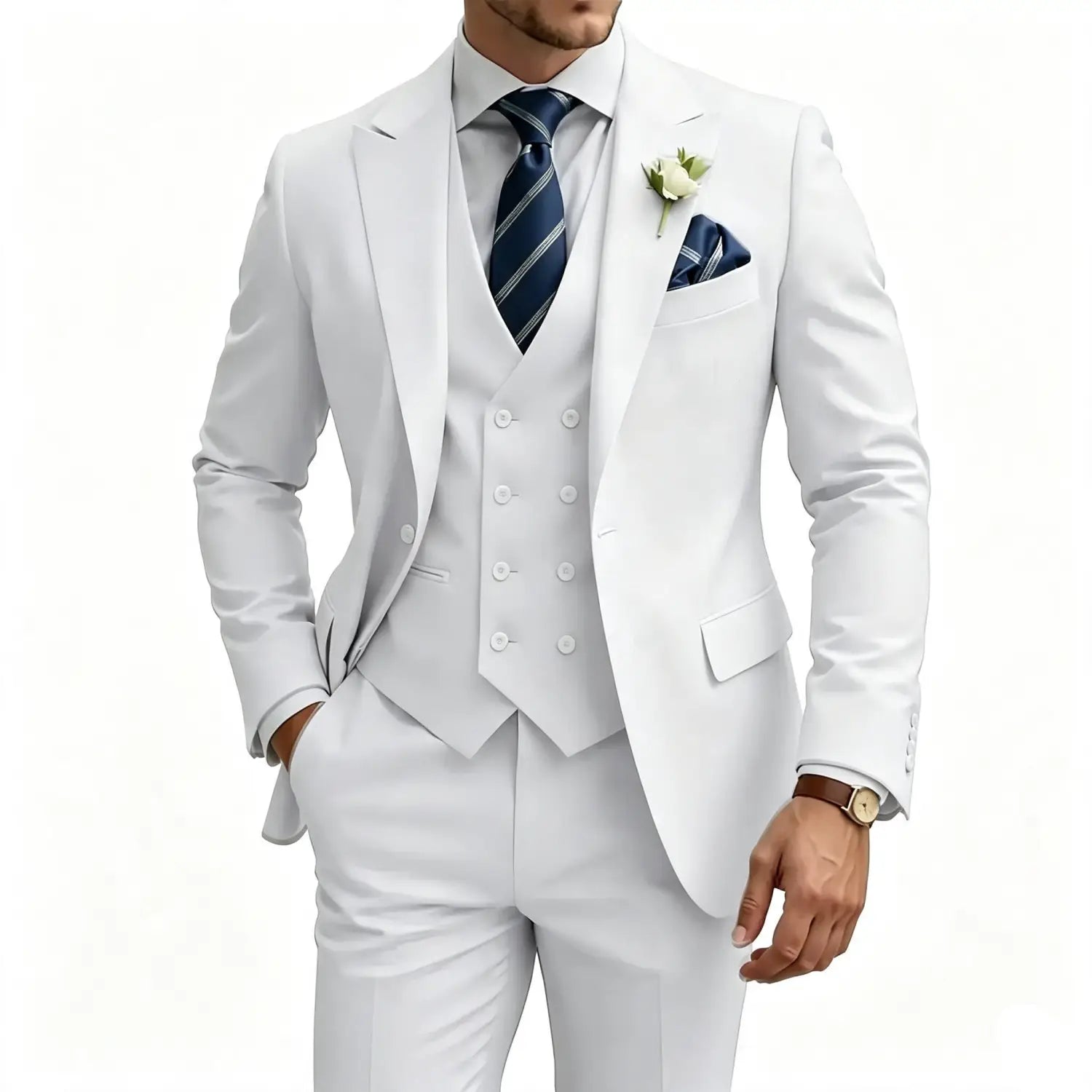 Elegante traje de tres piezas ajustado para hombre color blanco con cierre frontal sencillo, que presenta un chaleco de doble botonadura y pantalones a juego, acentuados con una corbata a rayas azul marino y pañuelo de bolsillo.